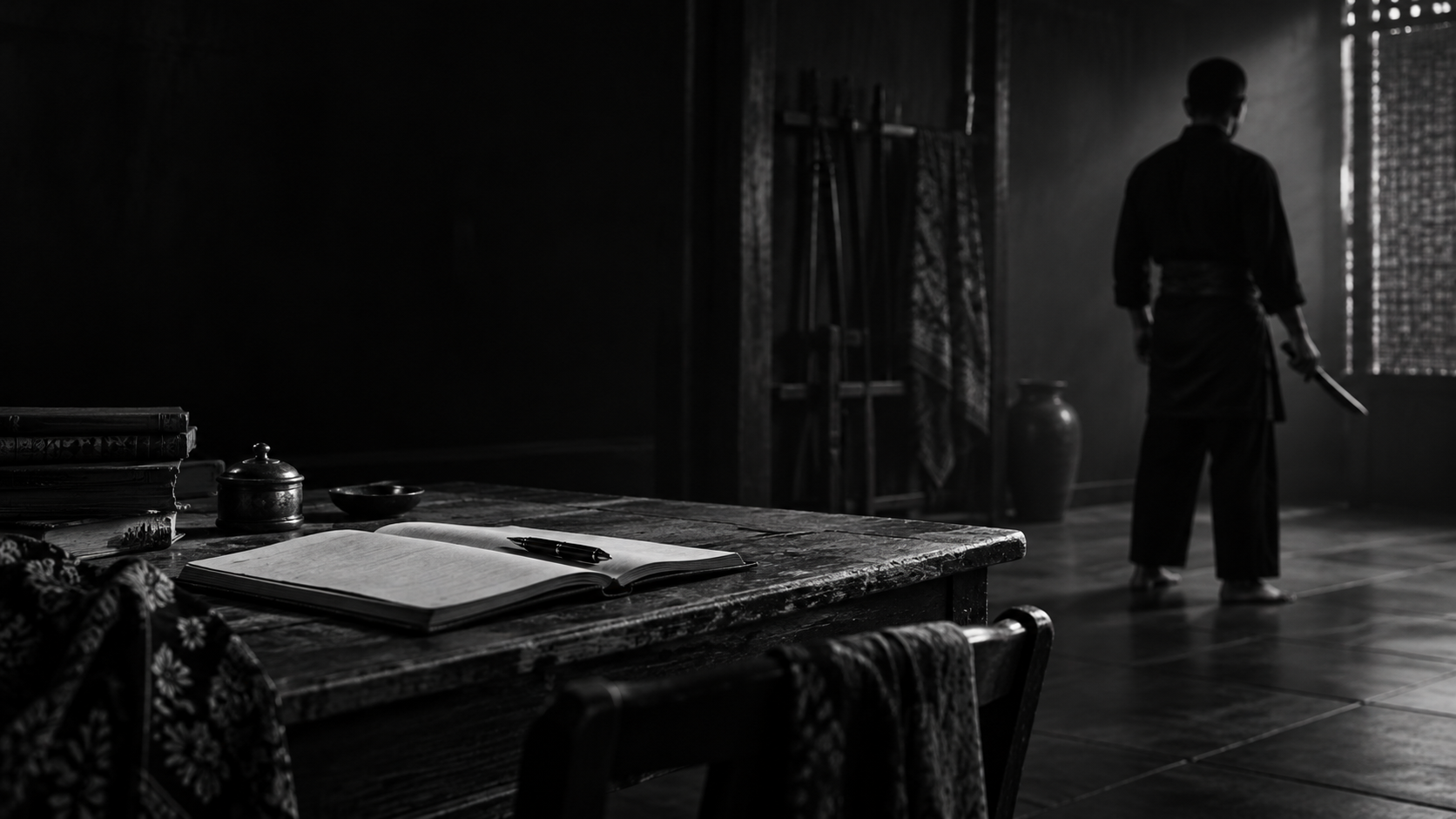 A writing desk and a Silat practitioner in a quiet, shadowed training space